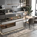 Modern Kitchen Dining Table Set With Black Countertop Grey Chairs Plant And Window