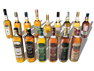 Various Whiskey Bottles With Different Brand Labels And Colorful Designs 3d model