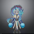 Woman In Traditional White Robe With Blue Purple Dragon Ornament And Glowing Orbs
