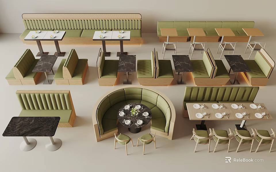 Modern Restaurant Seating Arrangement With Booth Seats Dining Tables And Chairs 3d model 