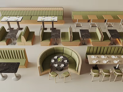 Modern Restaurant Seating Arrangement With Booth Seats Dining Tables And Chairs 3d model