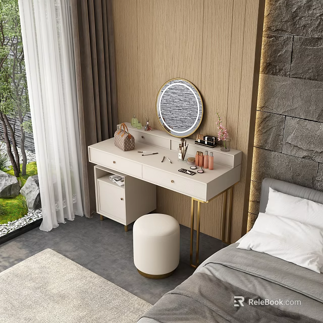 Elegant White Dressing Table With Golden Legs Round Mirror And Makeup Stool 3d model 