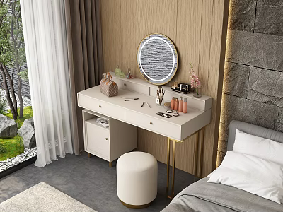 Elegant White Dressing Table With Golden Legs Round Mirror And Makeup Stool 3d model