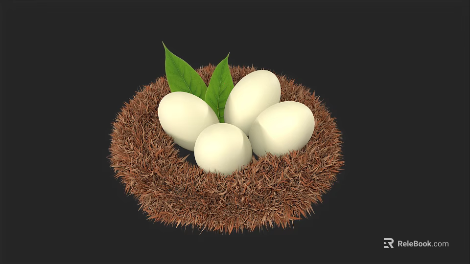 Brown Nest With Four White Eggs And Green Leaves On Dark Background 3d model 