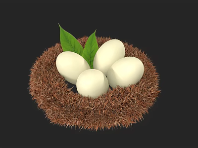 Brown Nest With Four White Eggs And Green Leaves On Dark Background 3d model