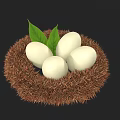 Brown Nest With Four White Eggs And Green Leaves On Dark Background