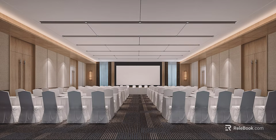 Spacious Conference Room With White Tables Chairs And Large Projection Screen 3d model 