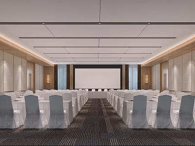 Spacious Conference Room With White Tables Chairs And Large Projection Screen 3d model