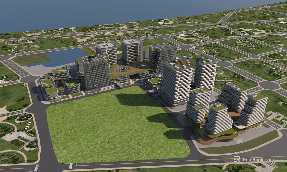 Modern Office Buildings Complex With Green Spaces Roads And Lake In Urban Area 3d model 