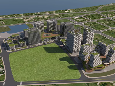 Modern Office Buildings Complex With Green Spaces Roads And Lake In Urban Area 3d model