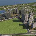 Modern Office Buildings Complex With Green Spaces Roads And Lake In Urban Area