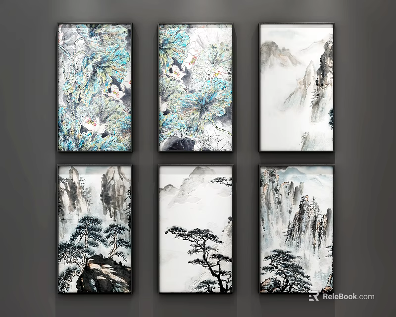 Chinese Traditional Ink Wash Landscape Paintings With Mountains Pine Trees Flowers In Black Frames 3d model 