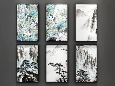Chinese Traditional Ink Wash Landscape Paintings With Mountains Pine Trees Flowers In Black Frames 3d model