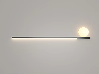 Modern Wall Light with Long Black Rod and Round White Illuminated Globe on Gray Wall 3d model