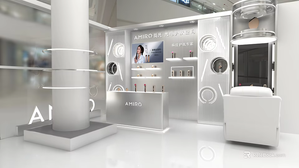 Modern AMiro Mall Counter with Skincare Bottles Digital Screen and Shelves 3d model 