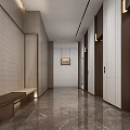 Modern Elevator Hallway With Marble Floor Brown Walls And Bench Seating 3d model
