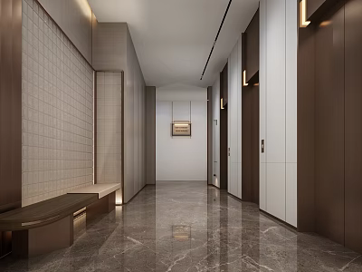 Modern Elevator Hallway With Marble Floor Brown Walls And Bench Seating 3d model