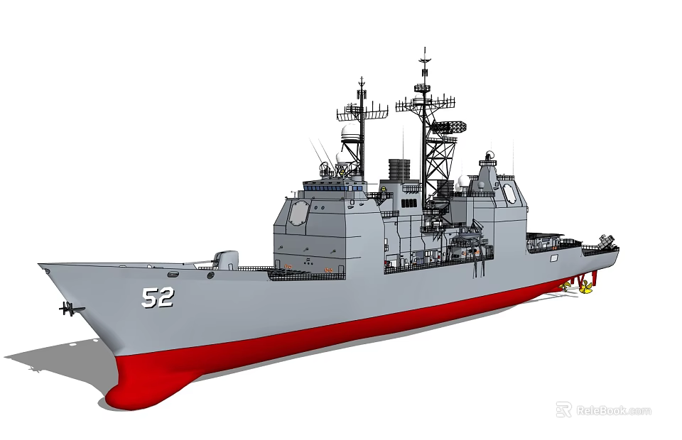 Modern Warship With Hull Number 52 Gray Hull Red Bottom And Radar Antennas 3d model 