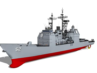 Modern Warship With Hull Number 52 Gray Hull Red Bottom And Radar Antennas 3d model