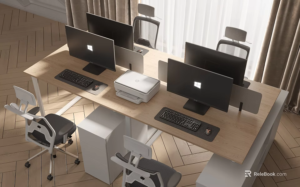 Modern Office Desk Workspace With Multiple Computer Monitors Printer And Office Chairs 3d model