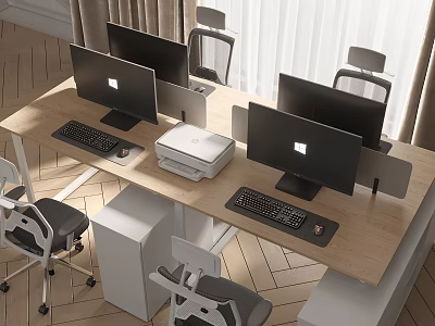 Modern Office Desk Workspace With Multiple Computer Monitors Printer And Office Chairs 3d model