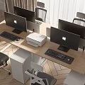 Modern Office Desk Workspace With Multiple Computer Monitors Printer And Office Chairs 3d model