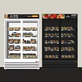 Glass Door Commercial Display Refrigerators Stocked With Various Foods On Multiple Shelves