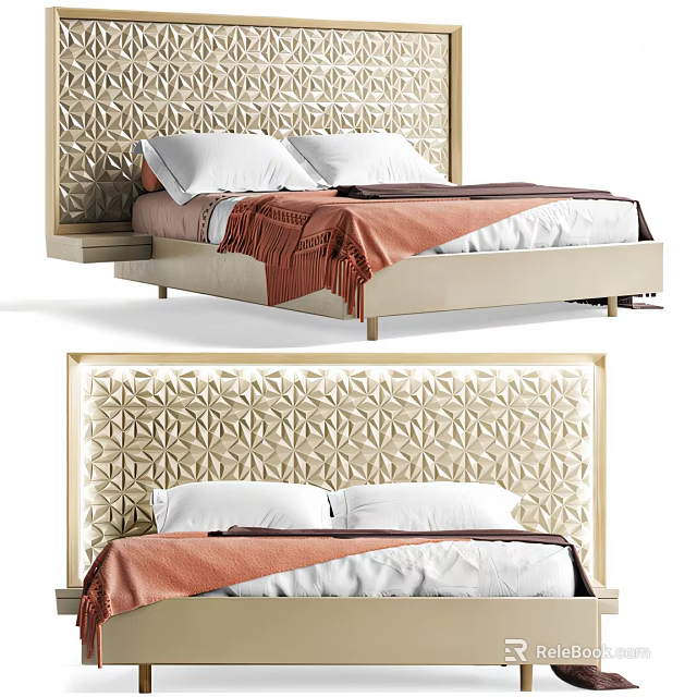 Beige Double Bed With Patterned Headboard White Pillows And Orange Blanket 3d model 