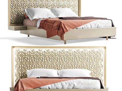 Beige Double Bed With Patterned Headboard White Pillows And Orange Blanket 3d model