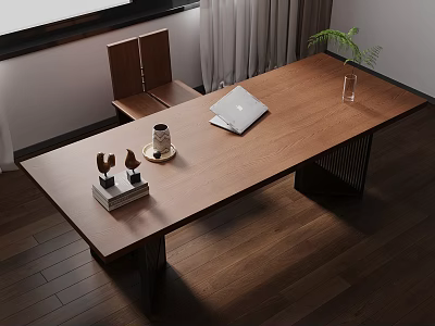 Modern Wooden Desk Workspace With Laptop Chair Potted Plant And Decorative Items 3d model