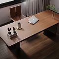 Modern Wooden Desk Workspace With Laptop Chair Potted Plant And Decorative Items