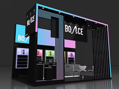 Bounce Modern Store Featuring Neon Lights Display Screens Product Displays And Tables Chairs 3d model