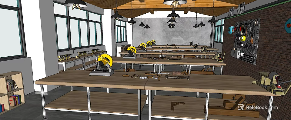 Woodworking Workshop Interior With Workbenches Circular Saws Hanging Lights And Large Windows 3d model 
