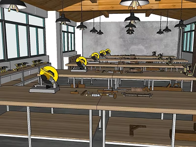 Woodworking Workshop Interior With Workbenches Circular Saws Hanging Lights And Large Windows 3d model