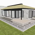 Scenic Rustic Villa With Thatched Roof Stone Exterior Large Glass Windows And Outdoor Seating