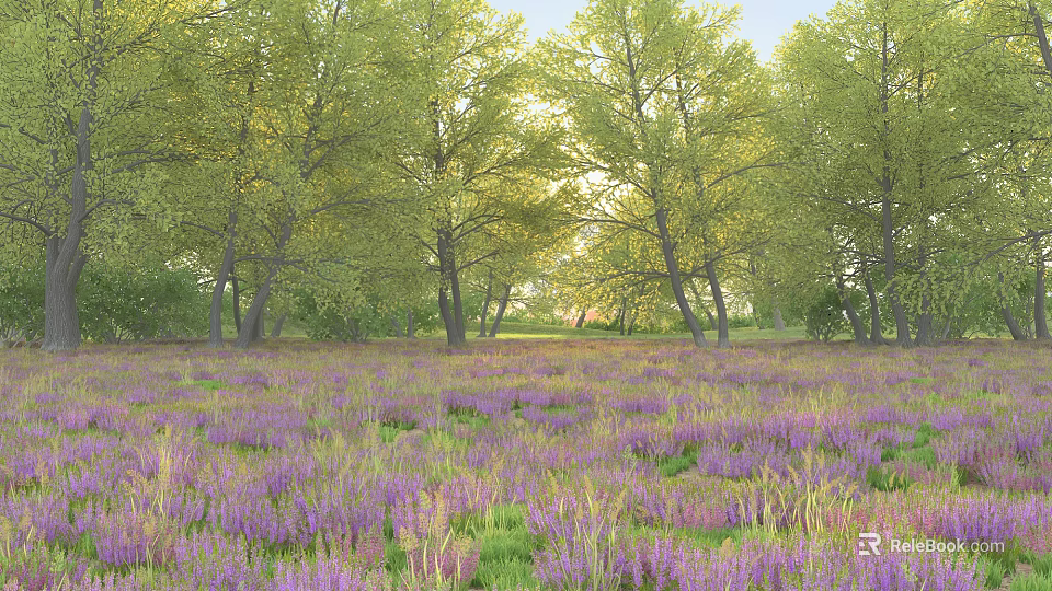 Scenic Purple Flower Field With Green Trees And Sunlight Natural View 3d model 