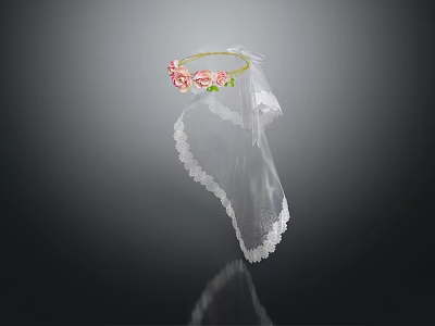 Delicate Floral Headband Adorned With Pink Flowers And White Lace Veil 3d model