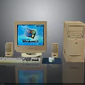 Vintage Desktop Computer System with Monitor Keyboard Mouse and Speakers Running Windows 95 Interface