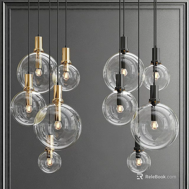 Modern Glass Globe Chandeliers With Gold And Black Metal Accents Illuminated Against Gray Background 3d model 