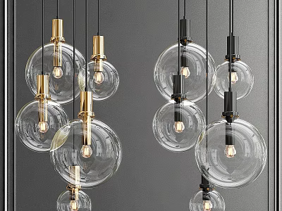 Modern Glass Globe Chandeliers With Gold And Black Metal Accents Illuminated Against Gray Background 3d model