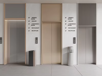 Modern Elevator Lobby Design With Multiple Doors Floor Indicators And Control Panels 3d model