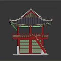 Traditional Asian Tower With Purple Tiled Roof Red Pillars Decorative Eaves And Green Red Walls