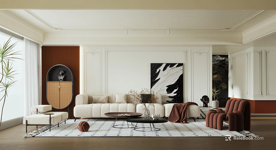 Modern Living Room Interior Design With Beige Sofa Round Coffee Table And Decorative Painting 3d model 