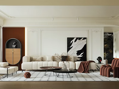 Modern Living Room Interior Design With Beige Sofa Round Coffee Table And Decorative Painting 3d model