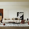 Modern Living Room Interior Design With Beige Sofa Round Coffee Table And Decorative Painting