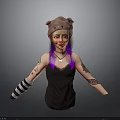 Woman With Purple Hair Cat Ear Hat Arm Tattoos Striped Sleeves And Black Camisole Dress
