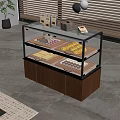 Glass And Wooden Pastry Display Case With Colorful Cakes And Square Pastries