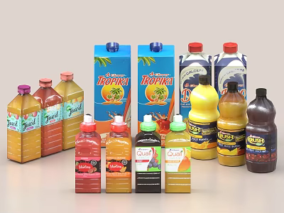 Assorted Beverages in Bottles and Cartons Including Tropica Juice and Colorful Drinks 3d model