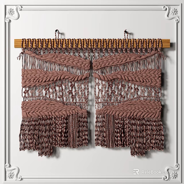 Handmade Brown Woven Wall Hanging With Tassels Wooden Rod Intricate Texture And Decorative Design 3d model 