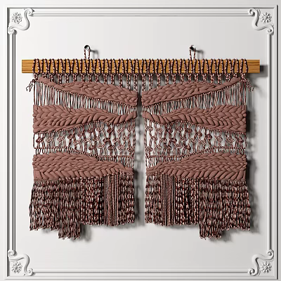 Handmade Brown Woven Wall Hanging With Tassels Wooden Rod Intricate Texture And Decorative Design 3d model